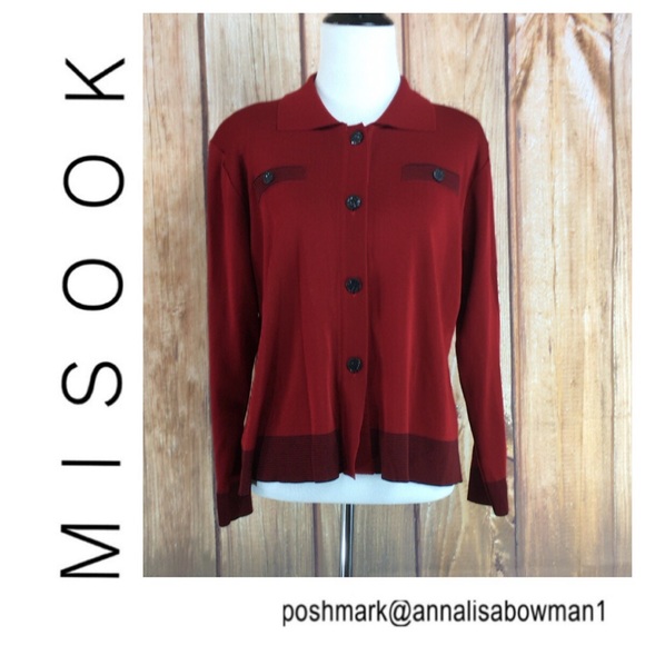 ☮️MISOOK Red/Black Button up Cardigan sz M Petite - Picture 1 of 8